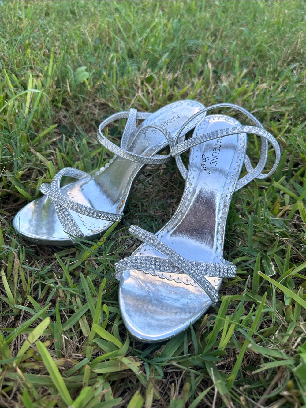 Madeline Stuart Silver Rhinestone Strappy Heels 8